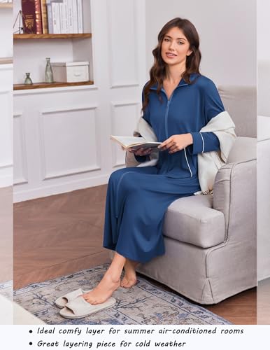 Image of Ekouaer Zipper Robes for Women Long Sleeve Lightweight House Coats with Pockets Zip Up Bathrobe Loungewear S-3XL