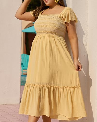 Women's Plus Size Maxi Dress Cap Sleeve Summer Casual Smocked Tiered Ruffle Beach Long Dresses with Pockets2