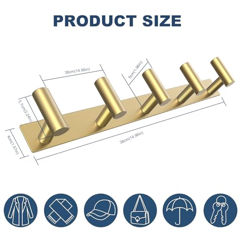 Image of VAEHOLD Hat and Coat Wall Mount Rack - Hooks for Robes, Bags, Keys, and Towels - Bathroom Towel Hanger Organizer (Gold, inchT inch Shape 5 Hooks 1 Pack)