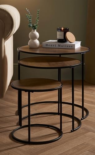 OHS Nest of Tables Set of 3 Stacking Side Tables Living Room Wooden Stylish Decorative Coffee Table Sturdy Metal Frame Easy Assembly Round End Table Dark Wood