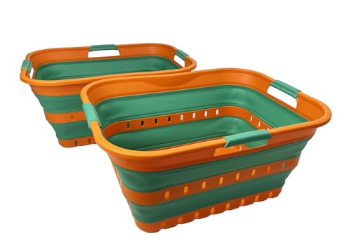 Image of SAMMART 42L (11 gallons) Set of 2 Plastic Foldable Storage Basket /Container - Collapsible, Space Saving and Portable Laundry Hamper, Ideal for Home, Travel, Dorm (2, Autumn Leaf /Forest Green)