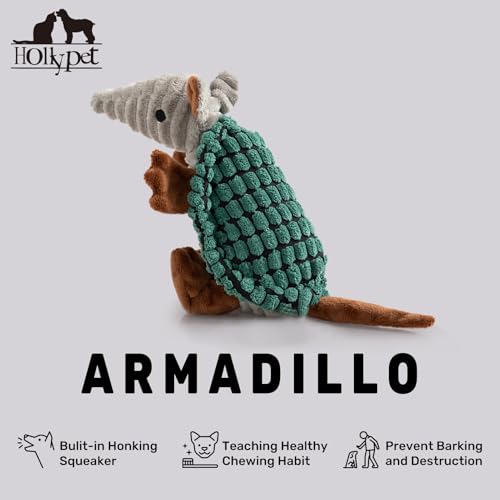 Image of Hollypet Plush Dog Squeaky Toy Stuffed Armadillo Animal Pet Puppy Chew Toys with Clean Teeth for Small Medium Large All Breed Sizes Dogs, Deep Green,8 in
