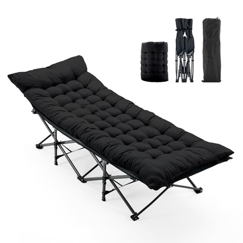 OLIXIS Folding Camping Cot, Rollaway Bed, Portable Camping Bed for Indoor & Outdoor, Sleeping Cot for Adults, 3.5'' Cushion, 440 lbs Sturdy Frame, Quick Setup, Compact Carry & Storage, Black