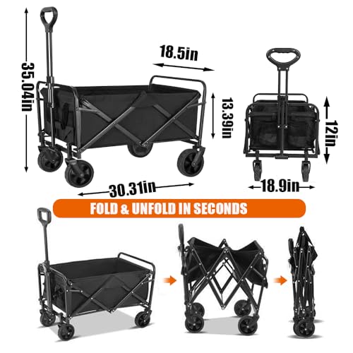 Folding Wagon Cart Collapsible Outdoor Utility Wagon Heavy Duty Garden Carts Portable Grocery Wagon Adjustable Handle Beach Camping Wagon Carts with Cup Holders for Sports Shopping Garden