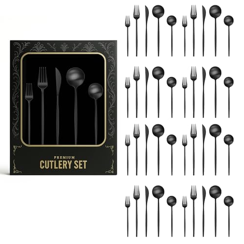 Image of aDai Korean Premium 40 Piece Stainless Steel Cutlery Set | Modern Flatware for Dining | Elegant Gift Box for Everyday Use (Black)