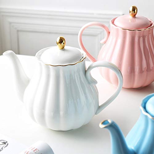 Théière en céramique en forme de citrouille peinte à la main en porcelaine anglaise dorée avec filtre, pour thé, café, lait, cadeau, 1 L (blanc)