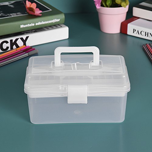Image of Craft Storage Container with Handle 2 Layer Stack Carry Portable Plastic Bin Case Used for Organizing Stationery Sewing Jewelry Beauty Supplies (White)