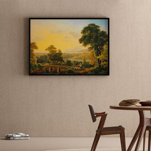 Image of ARTCREST Hilly Landscape with River and Bridge Painting on Canvas | Large Black Framed Scenic Wall Art for Living Room, Hallway Walls & Reception Areas | Elegant Landscape Canvas Decor (20x28 Inches)