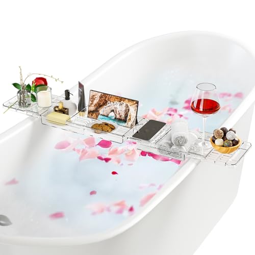 Bandeja Bañera Plastico, Bandeja de Baño Extensible, Estante para Bañera Transparente 80-120cm, Accesorios Baño para Copas de Vino, Libros, Tabletas, iPad y Teléfono, Regalo Distintivo