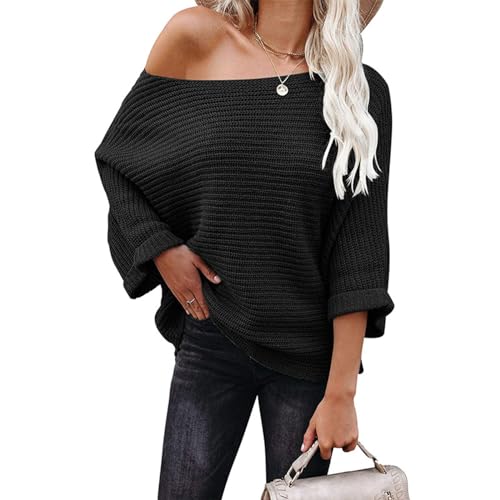 Women's Long Batwing Sleeve Loose Off Shoulder Knit Pullovers Fall Sweaters 2023 Casual Boat Neck Tops