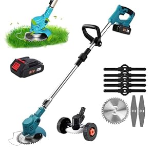 Desbrozadora eléctrica inalámbrica de 380 W, 1 batería eléctrica de 21 V, recortadora de borde inalámbrico con 8 cuchillas asa telescópica para jardín