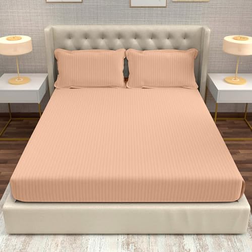 Image of Divine Casa 100% Cotton 210 TC King Size Bedsheet Italian Stripe | Soft Breathable Bed Sheet with 2 Pillow Covers | Luxury Stripe Bedding Set for King Size Bed | 275 x 275 cm (Peach, Striped)