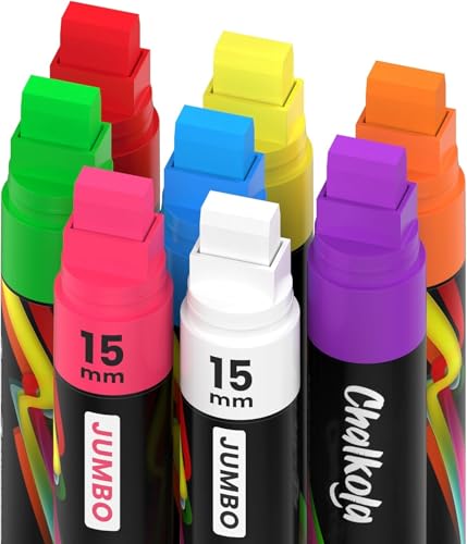 Chalkola Jumbo Marqueurs de Fenêtre 15mm Lot de 8 Stylos Craie Fluo - Utilisables sur Voitures, Tableau Craie, Céramique, Verre, Plastique | Aimé par...