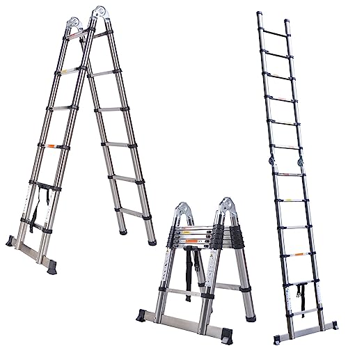 A Frame Telescopic Ladder Multi-purpose Ladder, Extendable Ladders Telescopiing, 1.9m+1.9m(3.8m) A-frame Ladder or Straight Ladder, Combination Ladder for Household Roof Home Loft Warehouse Outdoor