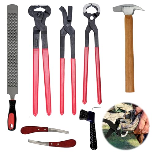 Gtouse 8Pcs Farrier Hoof Tool Kit Horse Hoof Trimming Tools Farrier Hoof Nippers Horseshoe Cutting Pliers Hoof Rasp File Horseshoe Brush Hoof Knife Hoof Hammer for Horses Cattle Sheep Donkeys