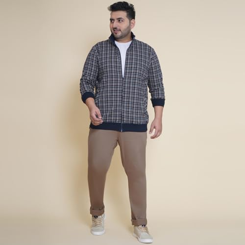 Image of JOHN PRIDE Plus Size Men Regular Checked Navy Blue Front-Open Mock Collar Sweatshirt(JPSWT75203)
