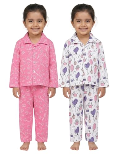 Image of The Mom Store Cotton Night Suit for Kids Boys and Girls | Breathable Night Dress for Kids Boys and Girls | Printed Pajama Set | All-Season Daily Use Sleepwear | Party, Pink | 6-12M | Pack of 2