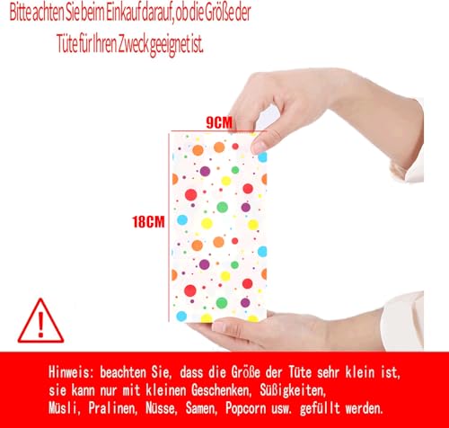 50 Stück Papiertüten Kindergeburtstag Klein, 18 x 9 x 5,5 cm Geschenktüten Klein mit 60 Aufkleber Regenbogen Punkte Mitgebsel Candy Tüten für Ostern Hochzeit Geburtstag Party