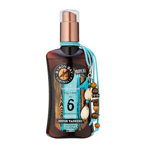 Byron Bay Australia Aceite de bronceado en spray SPF 6 – Acelerador rápido de bronceado y bronceado con extracto de zanahoria y beta caroteno, protección UVA y UVB con vitamina E y aloe vera, aroma de