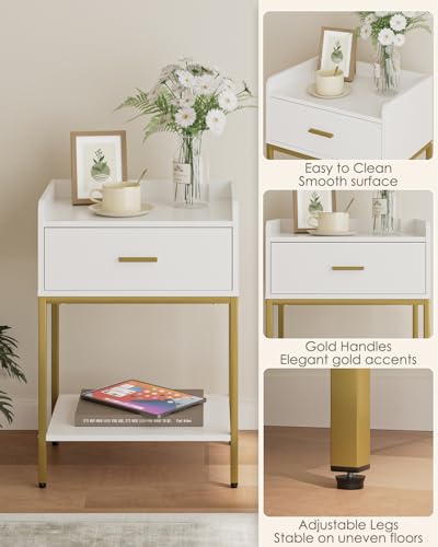 Image of Masupu Nightstand,3-Tier Modern Bedside Night Stand with Storage Drawer and Shelf,Small End Side Table for Bedroom,Living Room,White (Without Outlet, White)