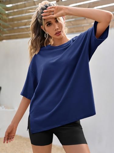 Image of Tankaneo Womens Oversized Tshirts Summer Casual Short Sleeve Crew Neck T Shirt Loose Fit Side Slit Tee Tops