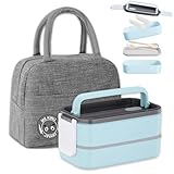 Haoh Bento Lunch Box Kit,1400 ml Double Couche Boite Repas avec Couverts et Sac Isotherme Repas, Hermétique Boîtes Bento pour Pique Nique, Travail, Goûter, Bento Box pour Micro Ondes(Bleu)