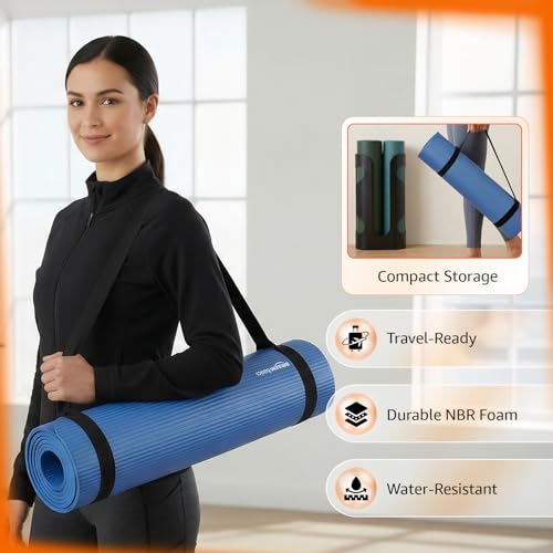 Image of Amazon Basics NBR Yoga & Exercise Mat with Carrying Strap | 15 mm Extra Thick Cushioned Support | Non-Slip Textured Surface | Durable & Comfortable Foam Rubber Material | Floor Protection | Ideal for Yoga, Pilates & Home Workouts | 183 x 61 cm | Blue