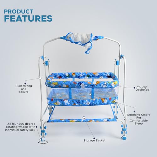 Image of BUBBLEBABY Baby Cradle | Jhula | Baggi | Palna | Ghodiyu | Ventilated | with Swing & Mosquito Net | 0-12 Months | Four Wheels with Brake | Storage | Polypropylene | Safe & Sturdy | Foldable | Blue