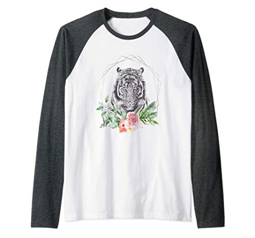Tigre Cadeau Fleur Cadre Aquarelle Noir Manche Raglan