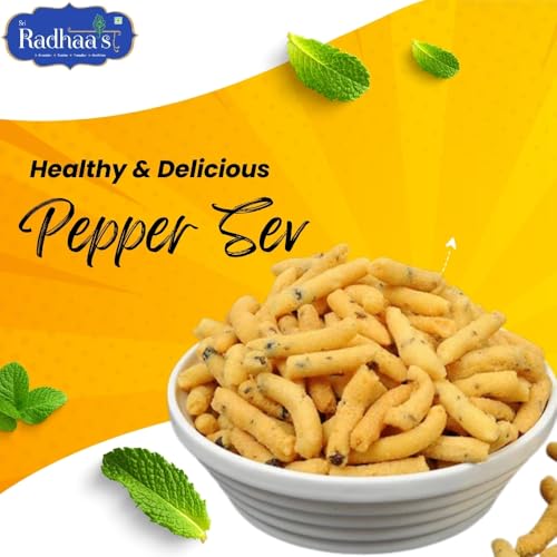 Image of Sri Radhaa's Pepper Sev | Crispy Sev Snack with Bold Pepper Flavor | Crunchy Indian Namkeen Perfect for Evening Tea & Snacking Pack of 2 * 150 Gram Combo Pack
