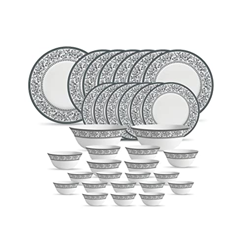 La Opala Diva Sovrana Collection Opal Glass Crockery | for Family of 6 | Dinner Set 33 pcs Persian Grey | Plates & Bowls for Dining | Microwave Safe | 100% Vegetarian | Extra Strong | Light & White