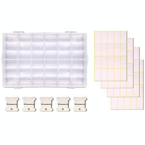 Embroidery Floss Organizer Box with 36 Adjustable compartments Includes 100 Plastic Floss bobbins and 100 Sticker