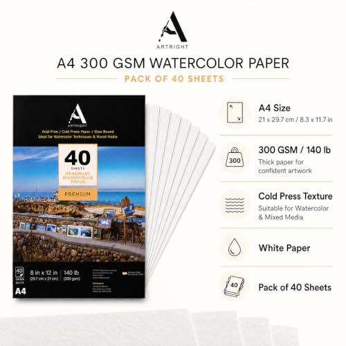 Image of ArtRight Artists' Watercolor Paper A4 300 GSM - 40 Sheets of Handmade Rough Grain Water Colour Papers for Watercolour, Acrylic, Gouache, Ink & Mixed Media