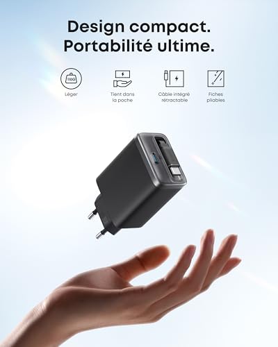 Anker Nano Chargeur iPhone USB C 35W, Chargeur Compact Haute Vitesse 2 Ports avec câble rétractable et Durable Anker InstaCord, pour iPhone série 16/15/14, iPad, Pixel, et Bien Plus Encore