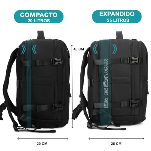 1990s Mochila de viaje cabina expandible para Ryanair 40x25x20-25cm,con bolsa de zapatillas,mochila casual impermeable extensible compatible con portátil 14"-Negro - imagen 2
