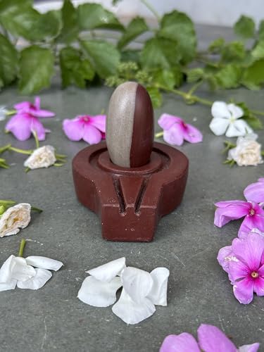 Image of Shivam VASTU AKAL 1.5 inch Original Narmadeshwar Narmada Shivling with 3 inch Narmada Stone Yoni Base Jaladhari (Ardhanarishwar Shivling, Brown Flate Jaladhari)