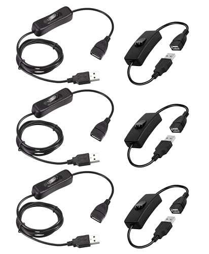 HUAZIZ Schwarz USB Kabel mit Ein/Aus Schalter USB Stecker auf Buchse Verlängerungskabel(3 Stück 30cm USB Verlängerungskabel+3 Stück 100 cm USB Verlängerungskabel) für LED Schreibtischlampe