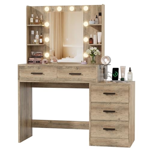 Image of Furmax Makeup Vanity Desk with Mirror and Power Outlet, Vanity with 3 Color Light Options Adjustable Brightness, Vanity Table with 5 Drawers, 6 Storage Shelves, Nightstands (Rustic Oak)