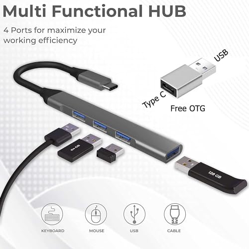 Image of USB HUB C Type USB Hub with 4 Ports, 1 Port USB 3.0 & 3 Ports USB 2.0, Free C Type to USB OTG, Compatible for Laptop, Desktop Computer (USB C to 4 Port HUB)
