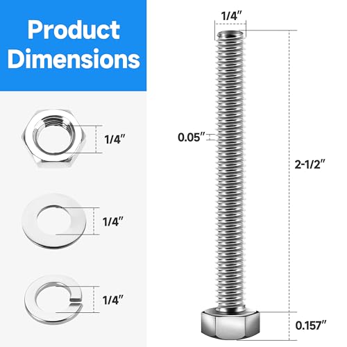 Image of (12 Sets) 1 /4-20 Bolts and Nuts Kit, 1 /4-20 x 2-1 /2 inch Hex Head Screws Kit with 1 /4-20 Bolts,Nuts, Flat & Lock Washers, Fully Threaded, 1 /4 20 Stainless Steel, Bright Finish by Marysino