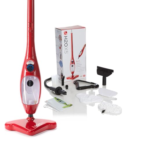 H2O X5+ Trapeador a vapor y limpiador a vapor de mano: sistema multifuncional y versátil para suelos, alfombras, ventanas, tapizados, cocinas y baños (Rojo)