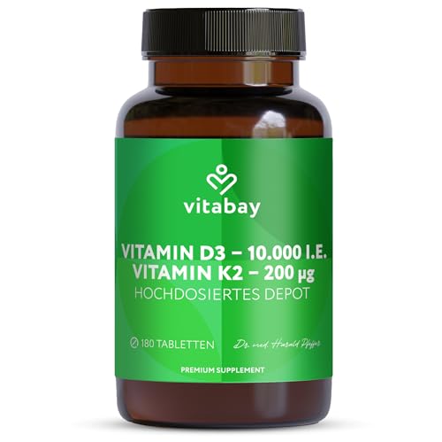 Vitabay Vitamin D3 + K2 Depot – 180 vegane Tabletten – hochdosiert – 10.000 IE Premium Vitamin D3 mit K2-MK7 All-Trans – ohne Zusätze – vegan & laborgeprüft in Deutschland – Vorrat für lange Zeit