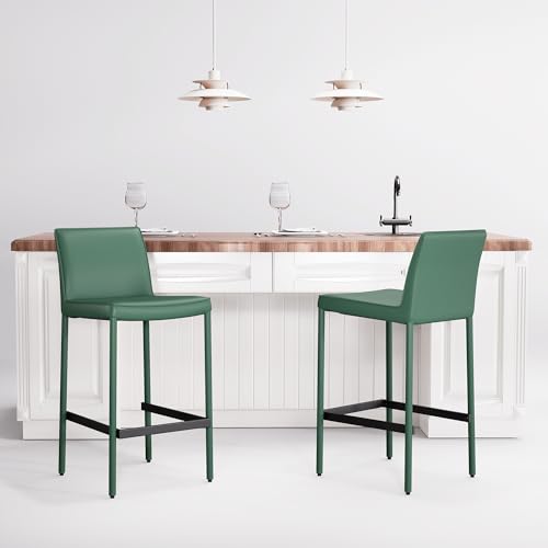 Image of YOUNIKE 26 inch H Counter Height Bar Stool with Back Single Faux Leather Modern Barstool Upholstered Comfy Bar Chair for Kitchen Breakfast Island, No Assembly, Fully Wrapped Metal Legs Green