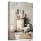 ZSHARTSWD Vintage Kitchen Wall Art Farmhouse Kitchenware Picture Fork and Spoon Canvas Print Rustic Utensils Flower Painting for Dining Room Home Decor Frame (Beige, 20L x 16W)