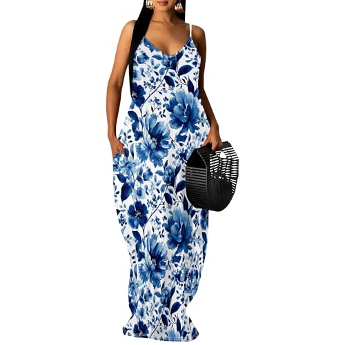 Image of Women's Summer Maxi Dress Spaghetti Strap Floral Boho Beach Long Sundress with Pockets