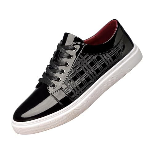 Santimon Men's Patent Leather Sneakers Lace-Up Geometric Design Flat Casual Shoes