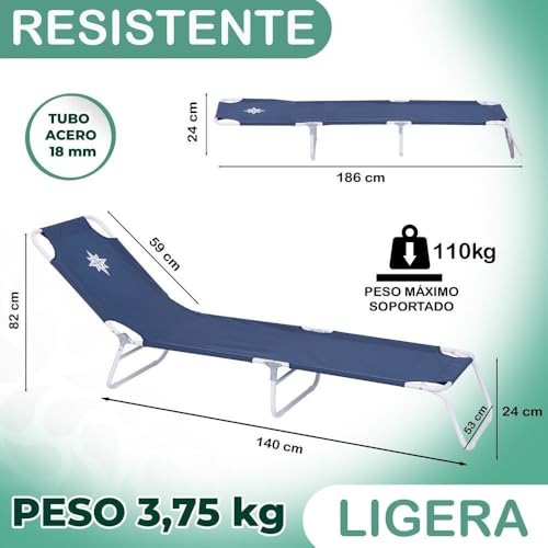 Miniatura 2 de Lolahome Tumbona Playa Y Jardín Reclinable 5 Posiciones Convertible En Cama, Plegable, Estructura Acero Pintura Epoxi Anticorrosión, Tejido Loneta Oxford 600 D Poliéster Azul Marino De 186 Cm