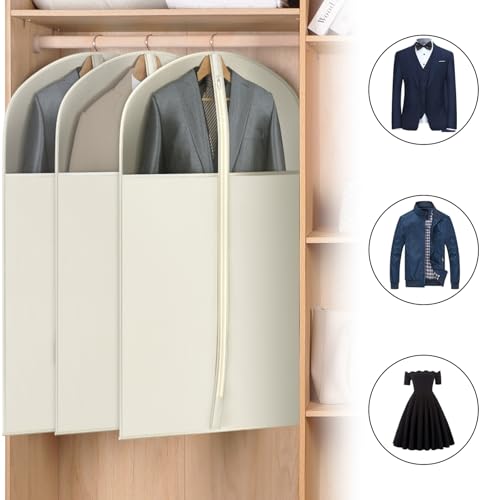 Image of Univivi Suit Bags for Closet Storage, 40 inch Garment Bags for Hanging Clothes, Garment Bag for Travel and Storage with Large Visible Window for Suit Coat, Jacket, Sweaters (Set of 6), Biege