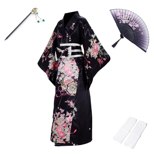 Women’s Japanese Kimono Robe Set Black, Satin Yukata Robe with