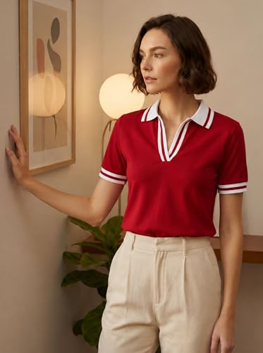 Image of FYLTR Women's Modern V-Neck Striper Collar Solid Polo T-Shirt - Contrast Tipping Details | Regular Fit | T-Shirts for Women | Open Placket